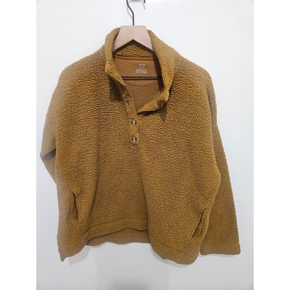 Aerie Women Small Mustard Yellow Teddy Sherpa Fleece Quarter Button Pullover